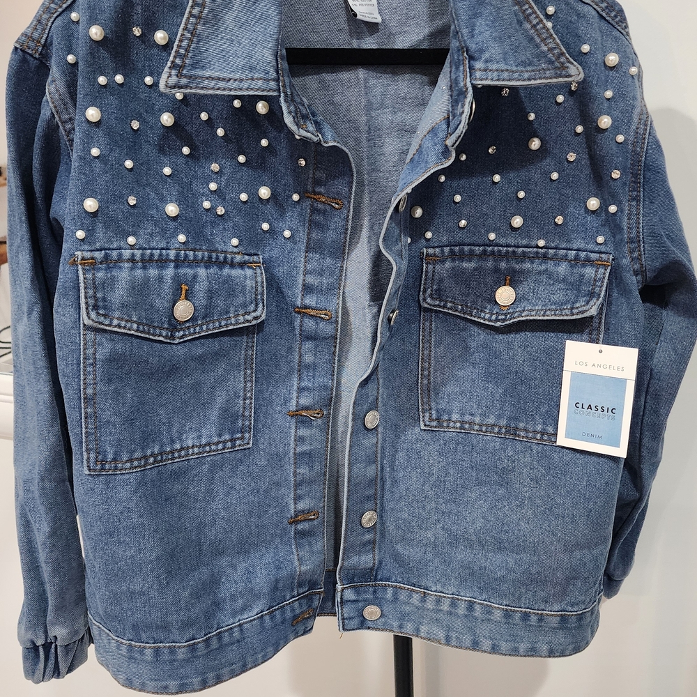 Classic Blue size S Denim Jacket with Pearl Accents NWT.